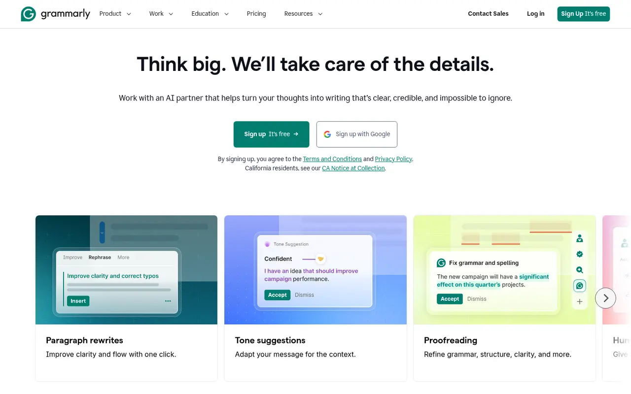 Screenshot of Grammarly's public home page