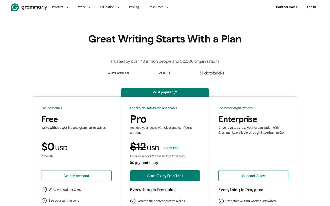 Screenshot of Grammarly's public pricing page