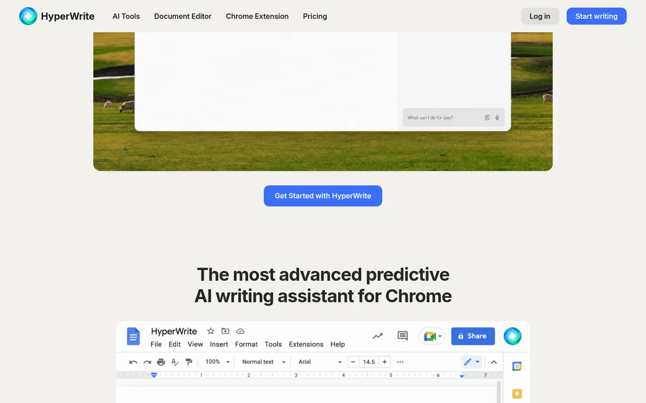 Screenshot of HyperWrite's public home page, scrolled further down