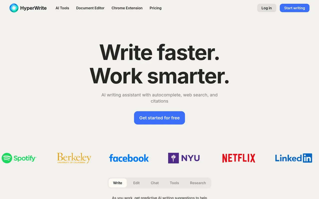Screenshot of HyperWrite's public home page