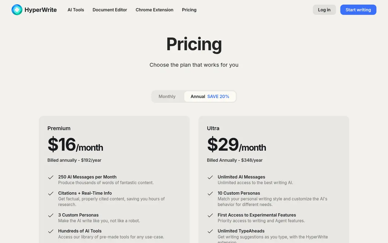 Screenshot of HyperWrite's public pricing page