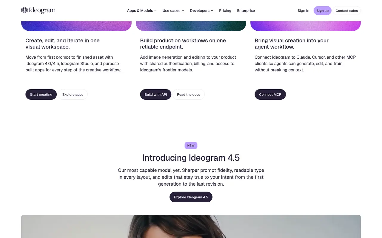 Screenshot of Ideogram's public home page, scrolled further down