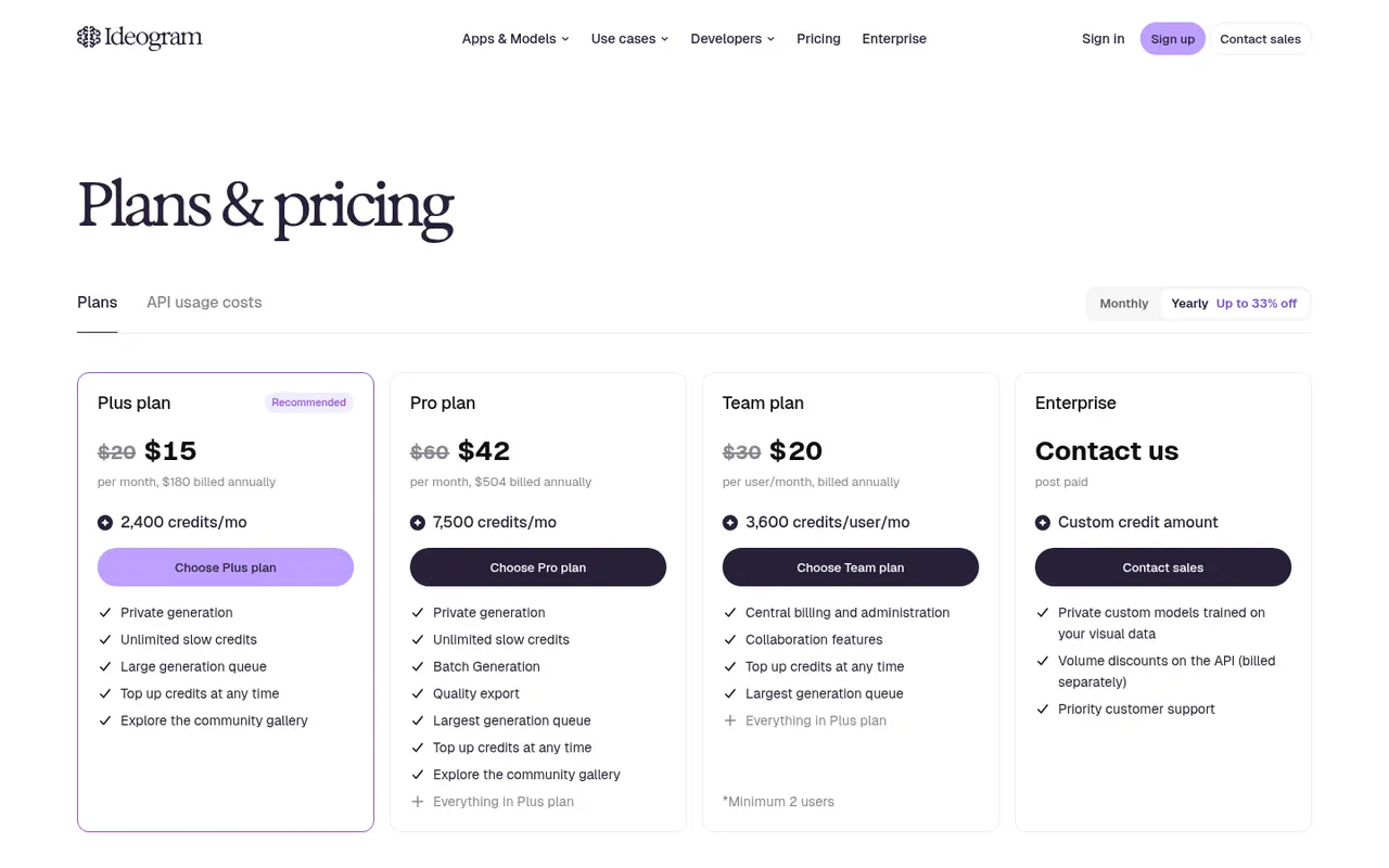 Screenshot of Ideogram's public pricing page