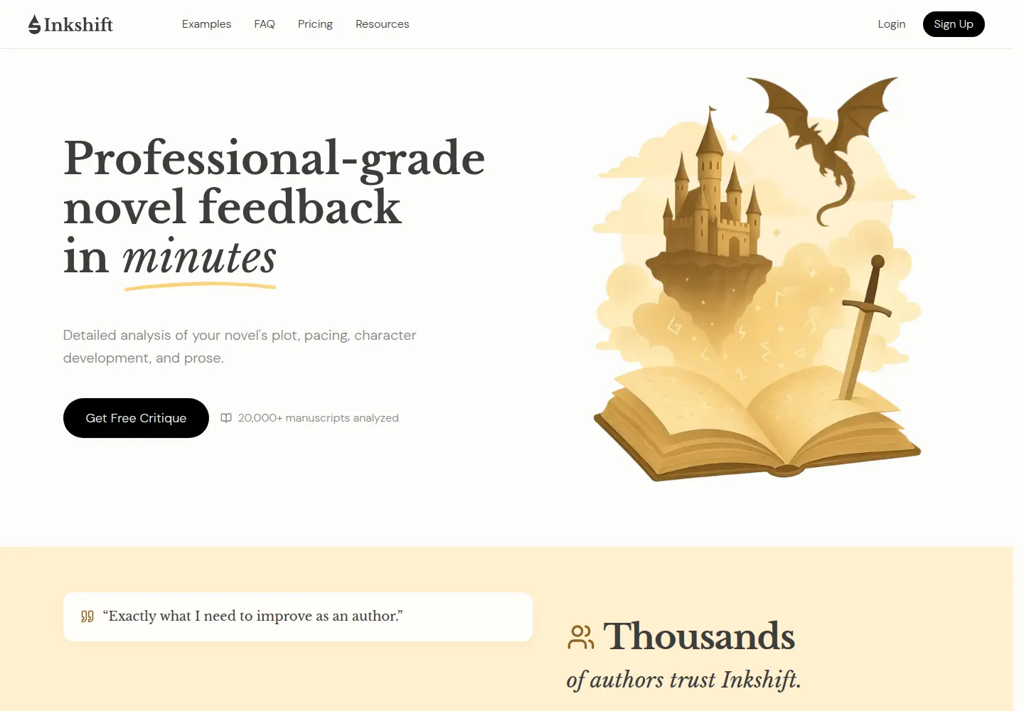 Inkshift home page with the headline Professional-grade novel feedback in minutes