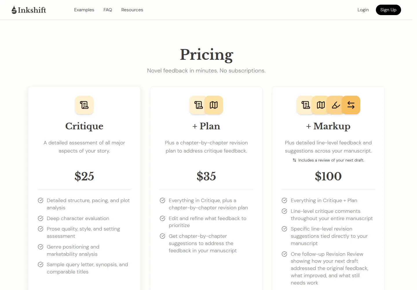 Inkshift pricing cards at $25, $35, and $100