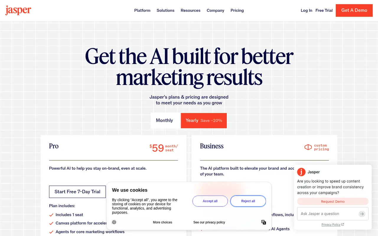 Screenshot of Jasper's public pricing page