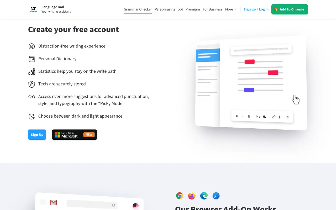 Screenshot of LanguageTool's public home page, scrolled further down
