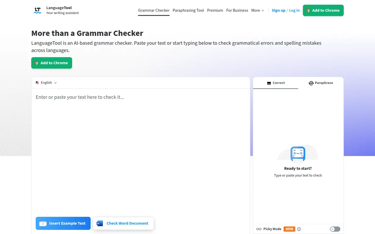 Screenshot of LanguageTool's public home page