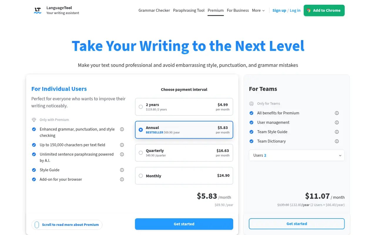 Screenshot of LanguageTool's public pricing page