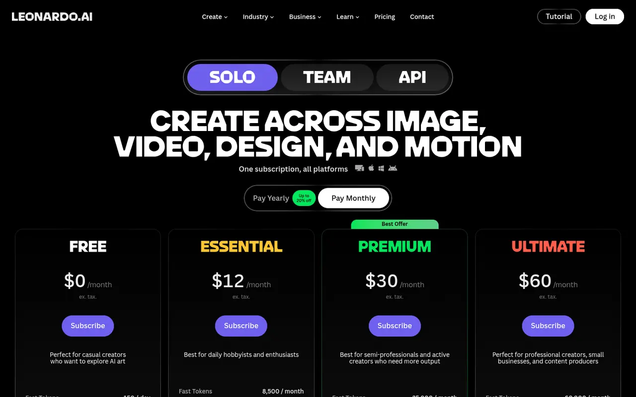 Screenshot of Leonardo.Ai's public pricing page