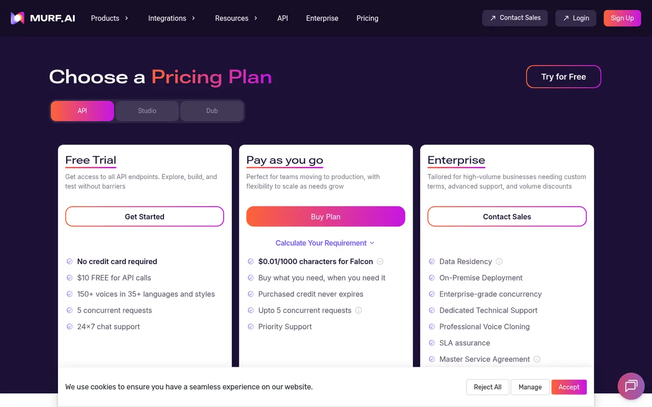 Screenshot of Murf's public pricing page