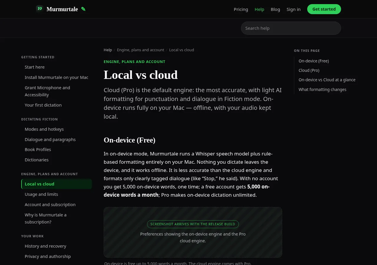 Murmurtale help page comparing on-device and cloud dictation