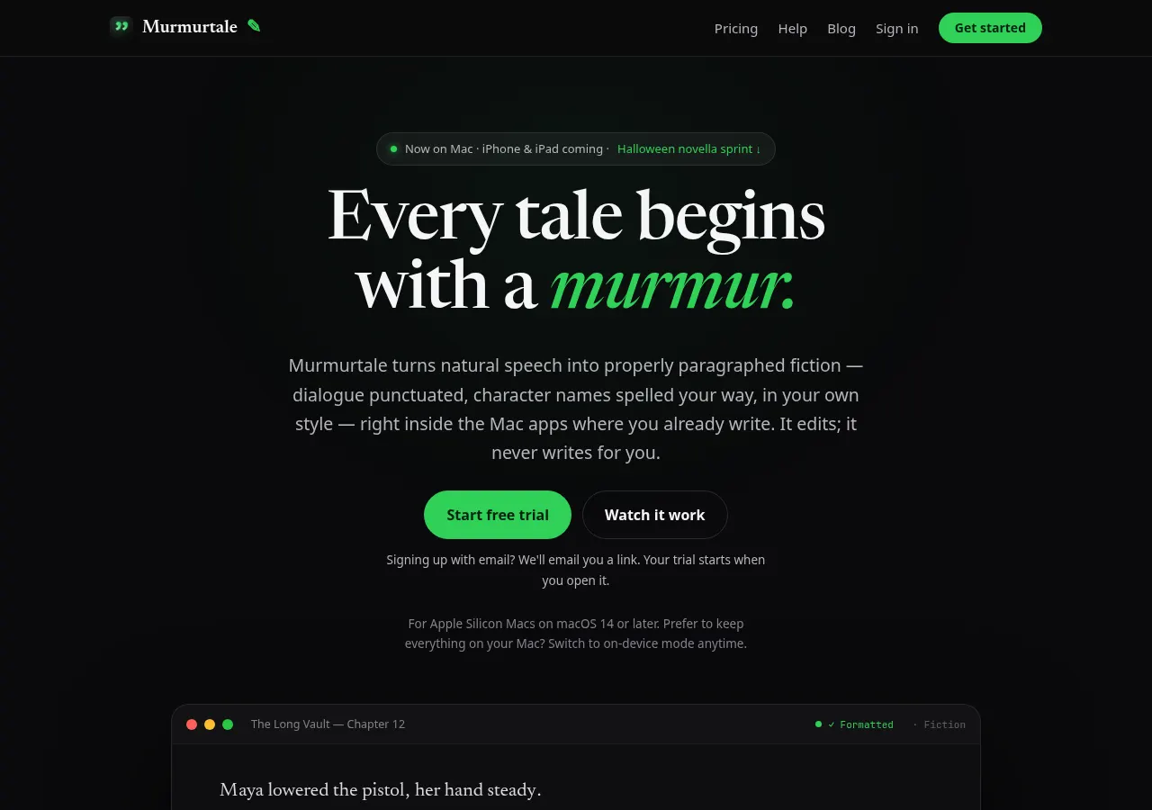 Murmurtale home page with the headline Every tale begins with a murmur