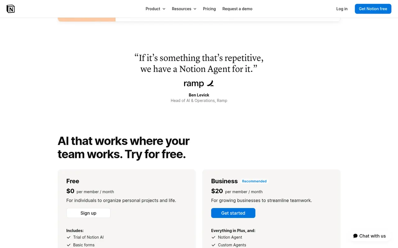 Screenshot of Notion AI's public home page, scrolled further down