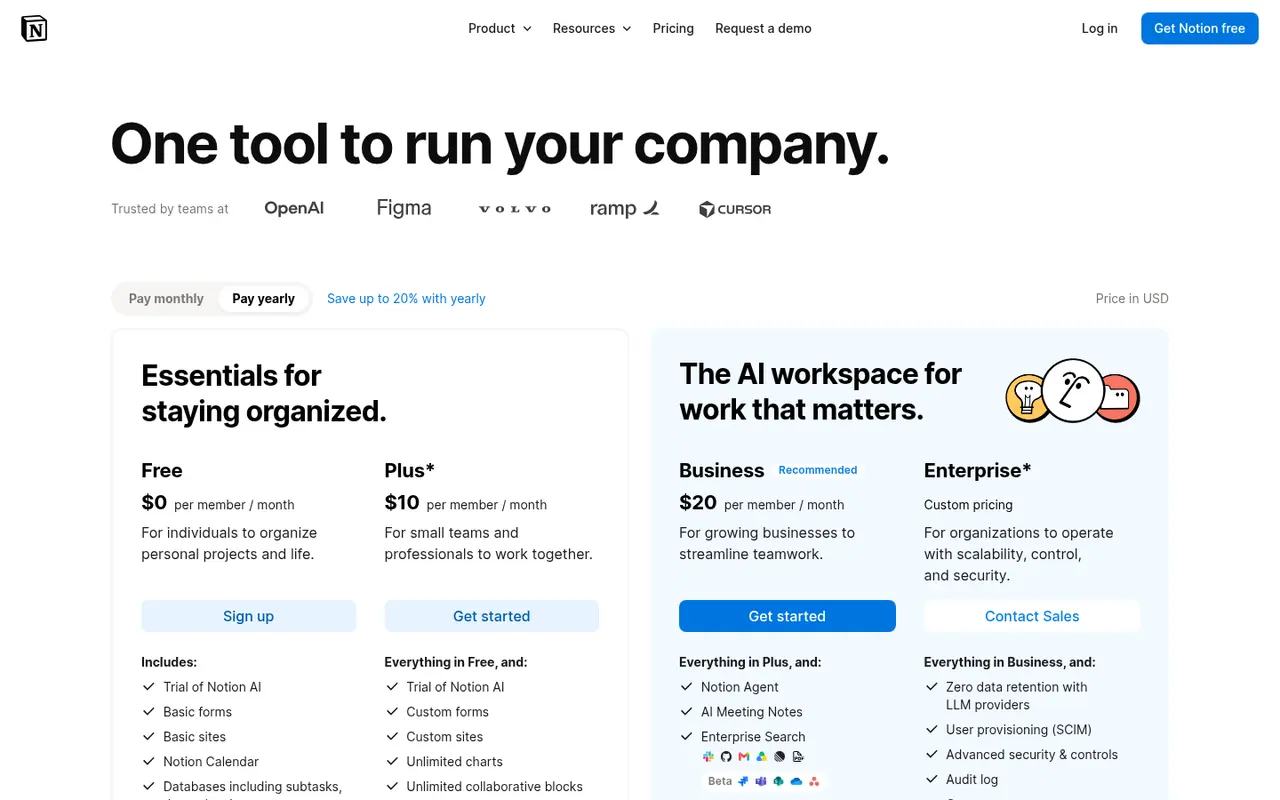 Screenshot of Notion AI's public pricing page