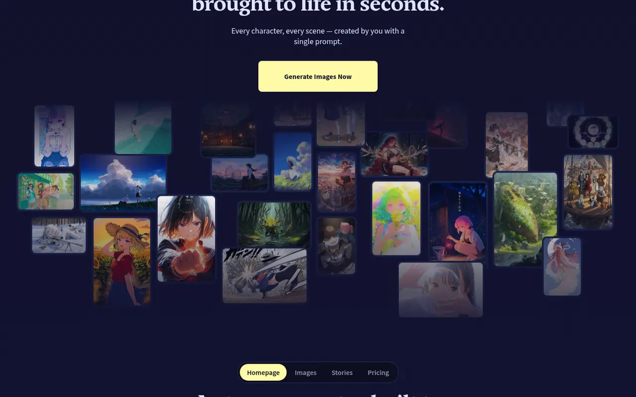 Screenshot of NovelAI's public home page, scrolled further down