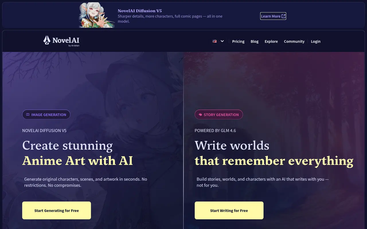 Screenshot of NovelAI's public home page