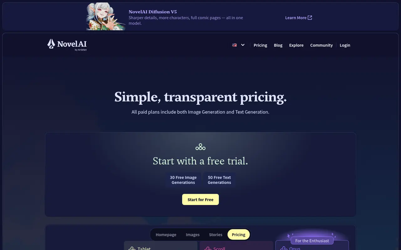 Screenshot of NovelAI's public pricing page