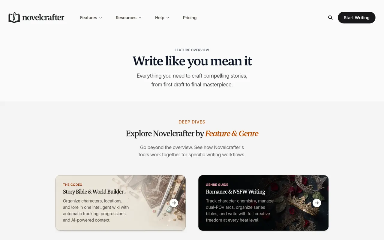 Novelcrafter features page 'Write like you mean it' with Story Bible and World Builder cards