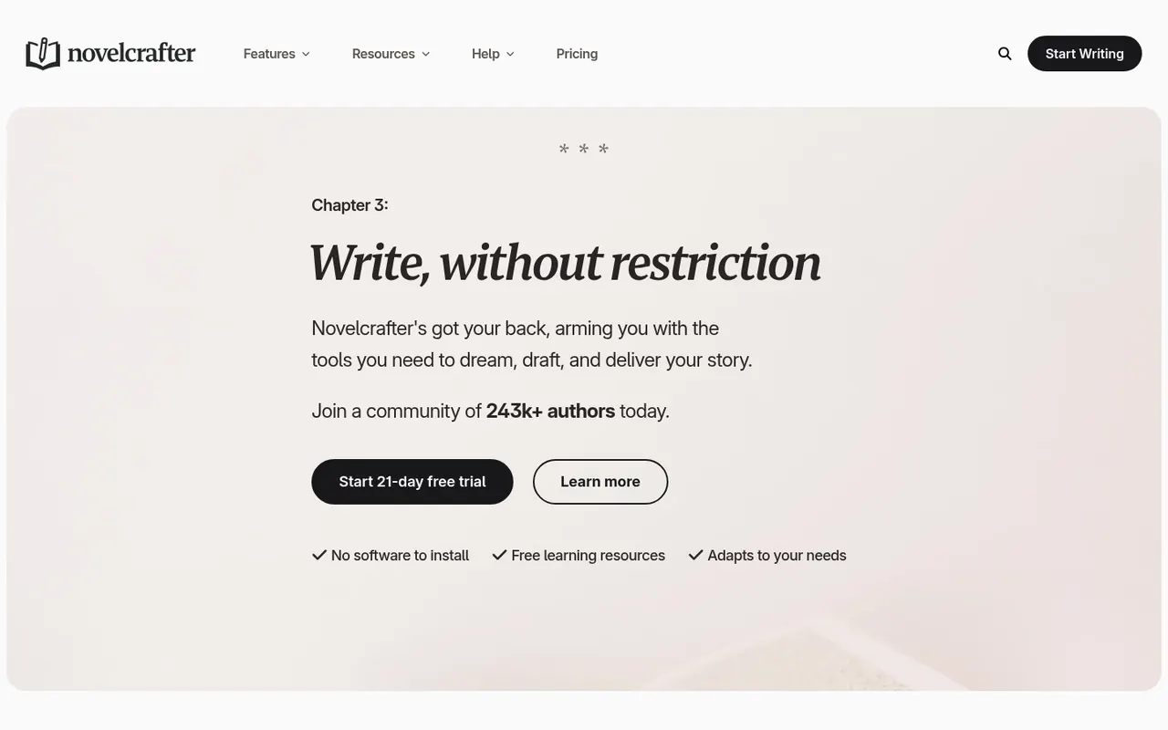 Novelcrafter home page with the headline 'Write, without restriction' and a 21-day free trial button