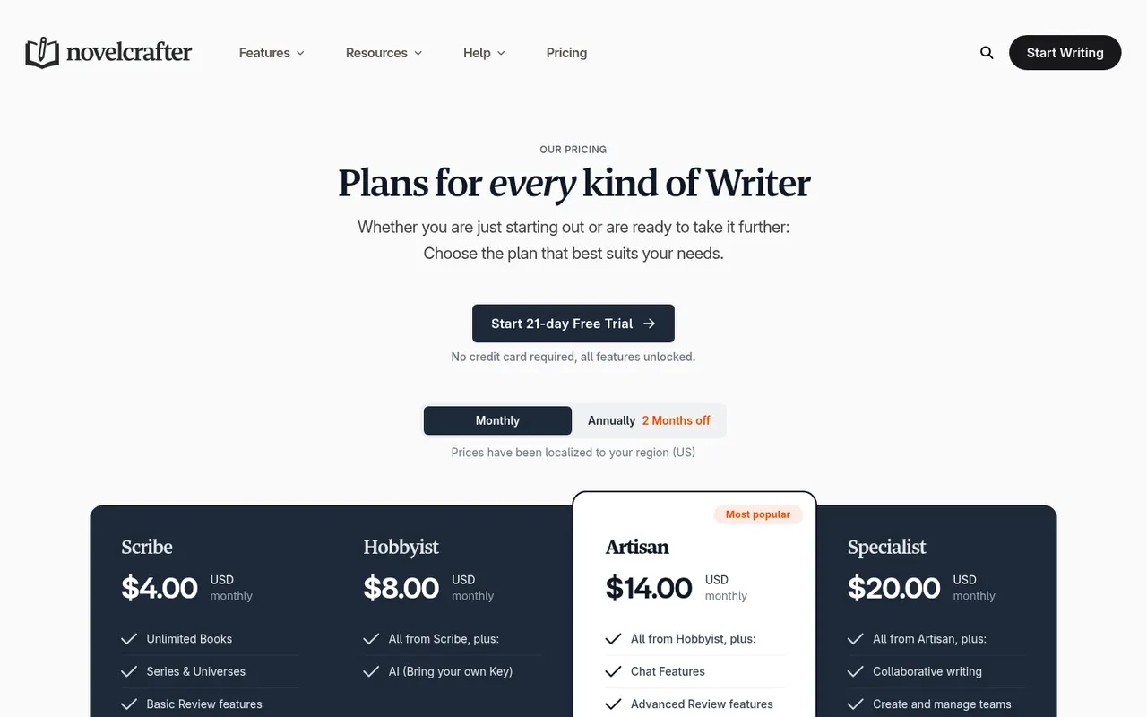 Novelcrafter pricing page: Scribe $4, Hobbyist $8, Artisan $14, Specialist $20 per month