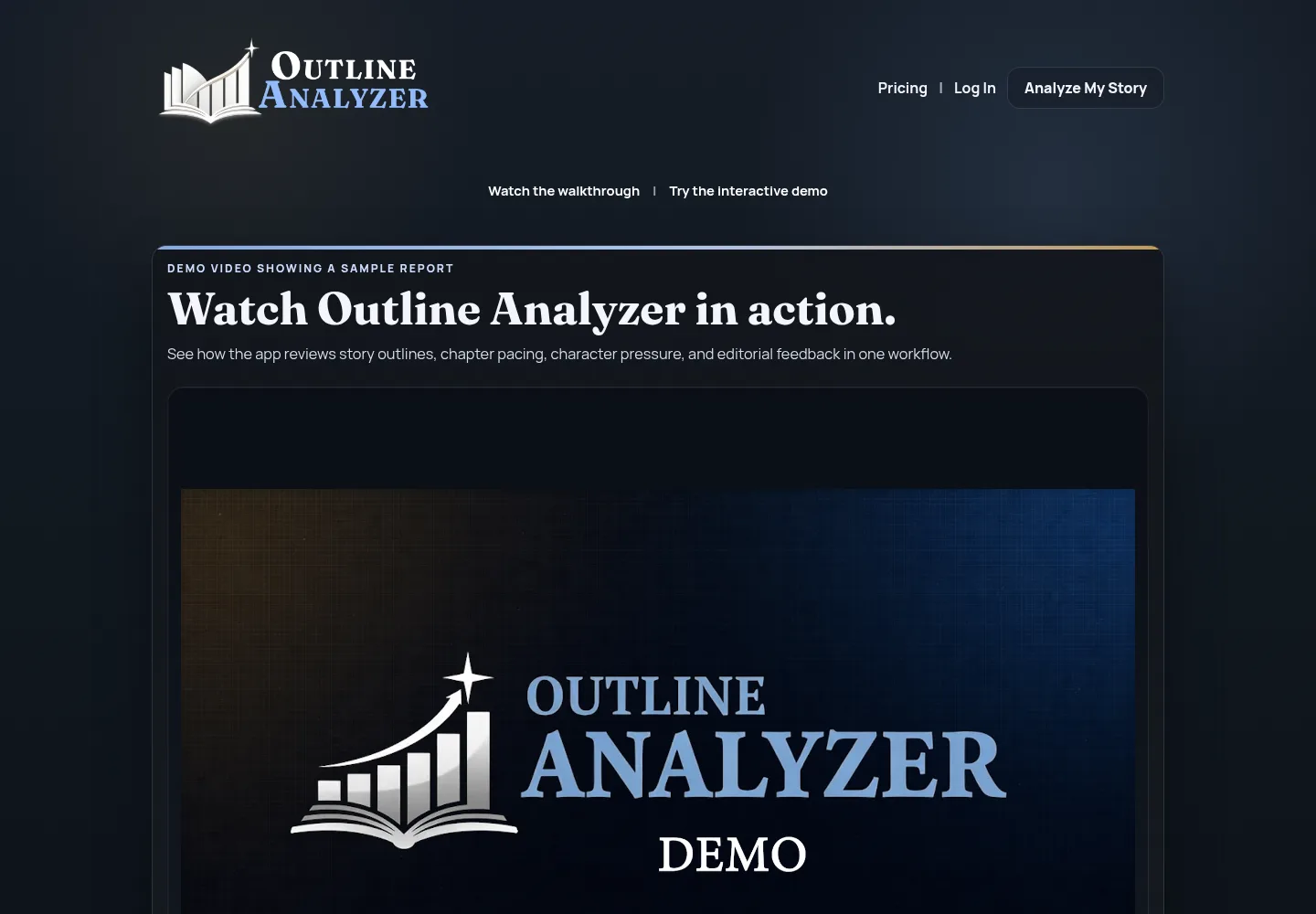 Outline Analyzer demo page with a walkthrough video and an interactive sample workspace