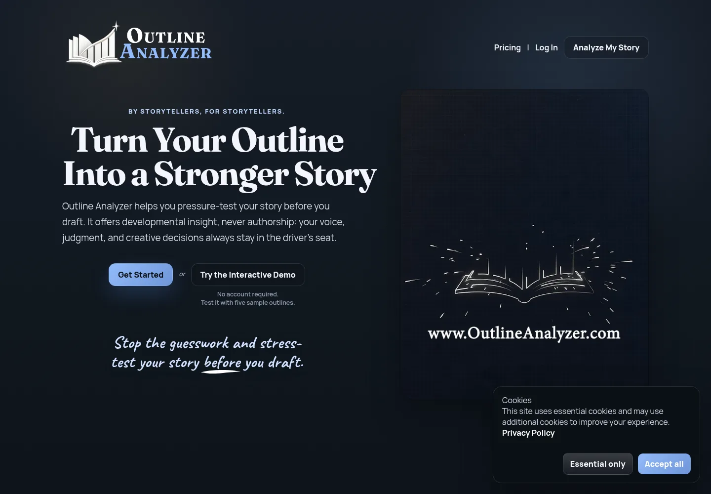 Outline Analyzer home page with the headline Turn Your Outline Into a Stronger Story