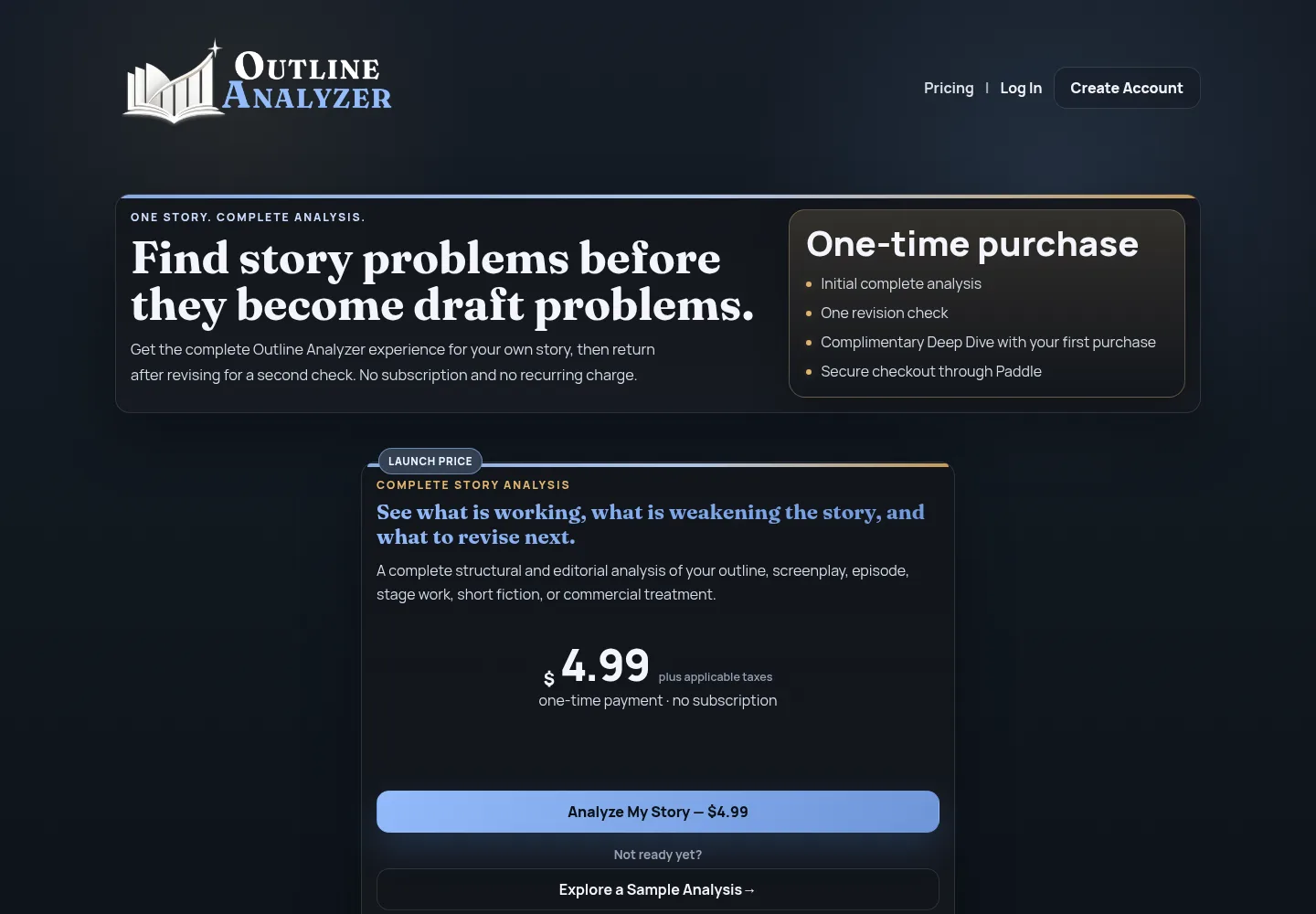 Outline Analyzer pricing card showing Complete Story Analysis at $4.99 one-time