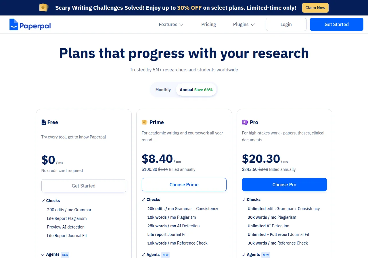 Screenshot of Paperpal's public pricing page
