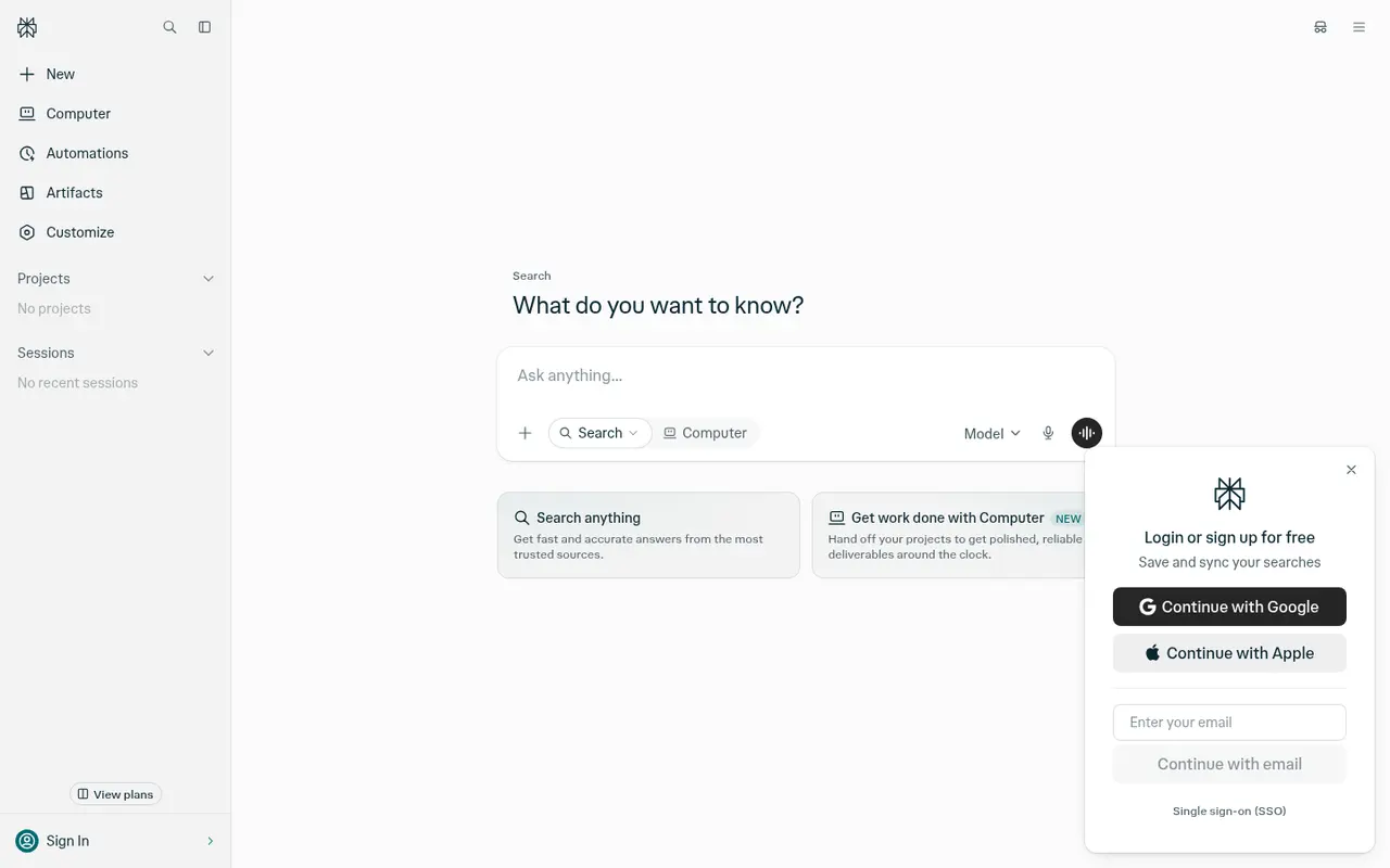 Screenshot of Perplexity's public home page