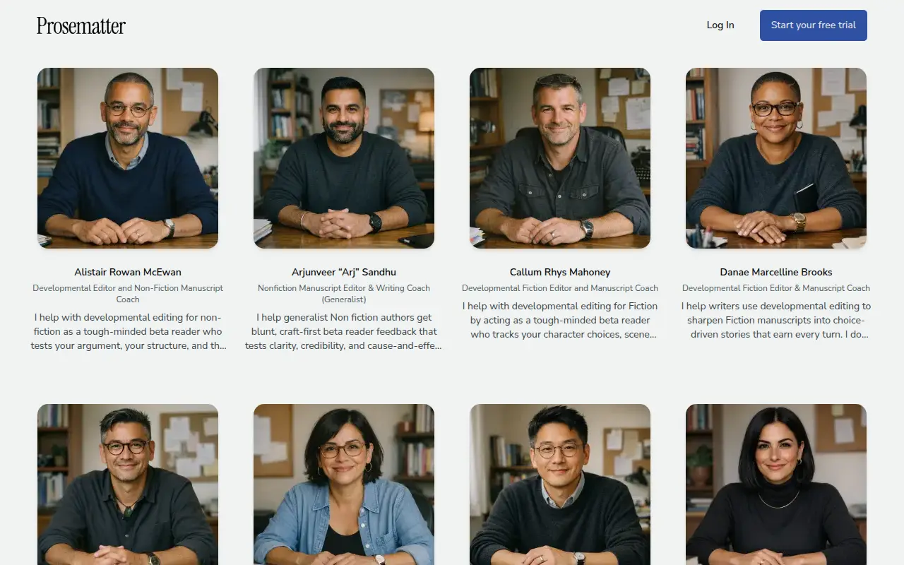 Prosematter editors page listing AI personas including Alistair Rowan McEwan and Elena Cruz