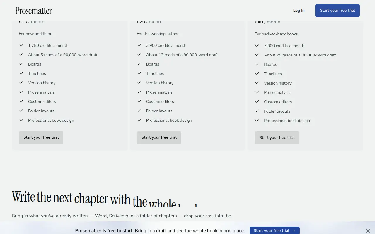 Prosematter pricing cards for Starter at €10, Pro at €20, and Studio at €40 a month