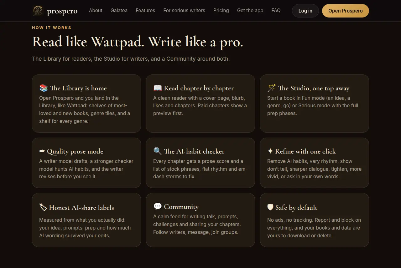 Prospero how-it-works section, Read like Wattpad. Write like a pro.