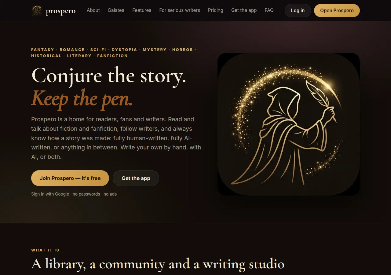 Prospero home page with the headline Conjure the story. Keep the pen.