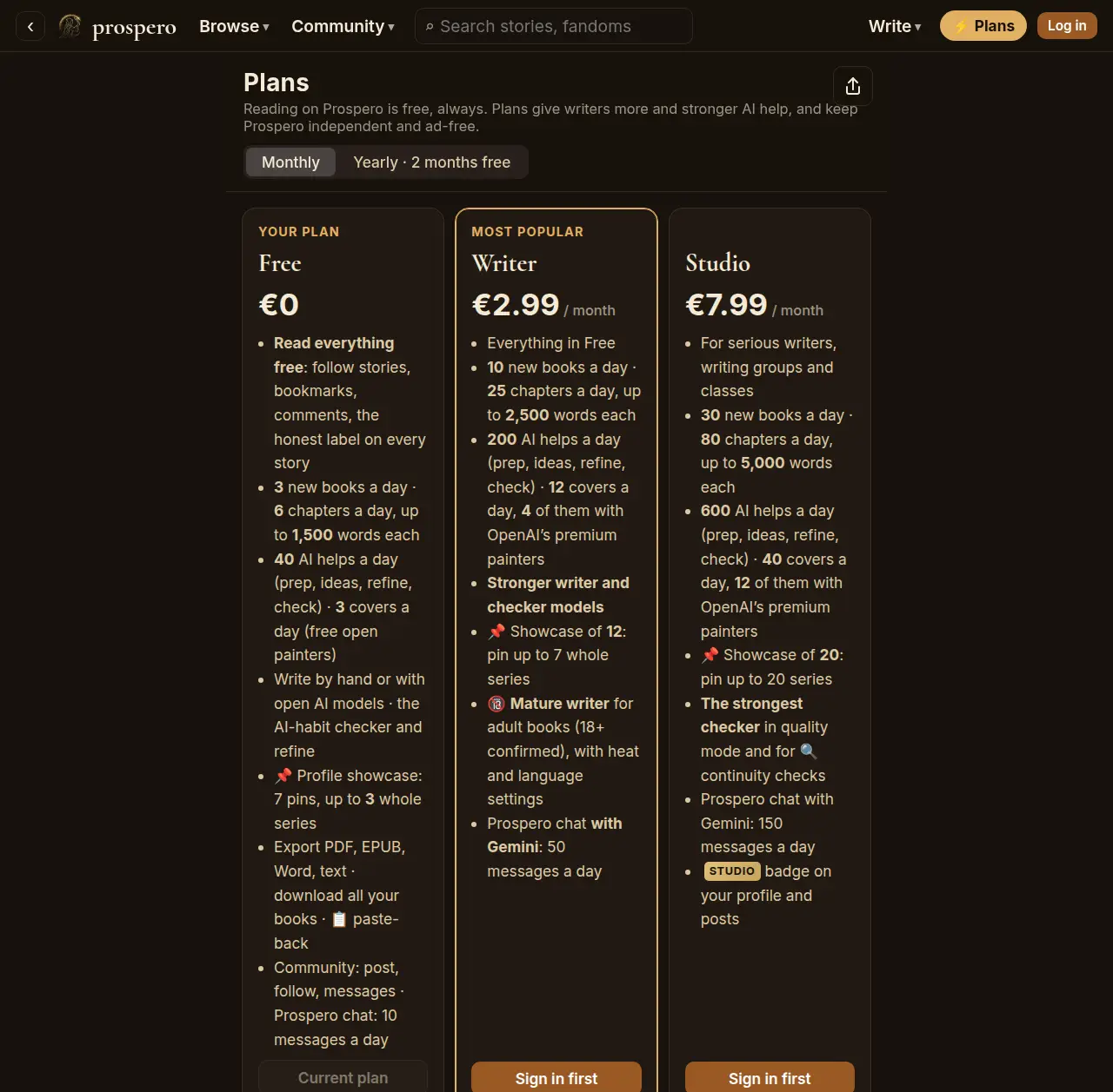 Prospero plans page with Free at €0, Writer at €2.99 a month, and Studio at €7.99 a month