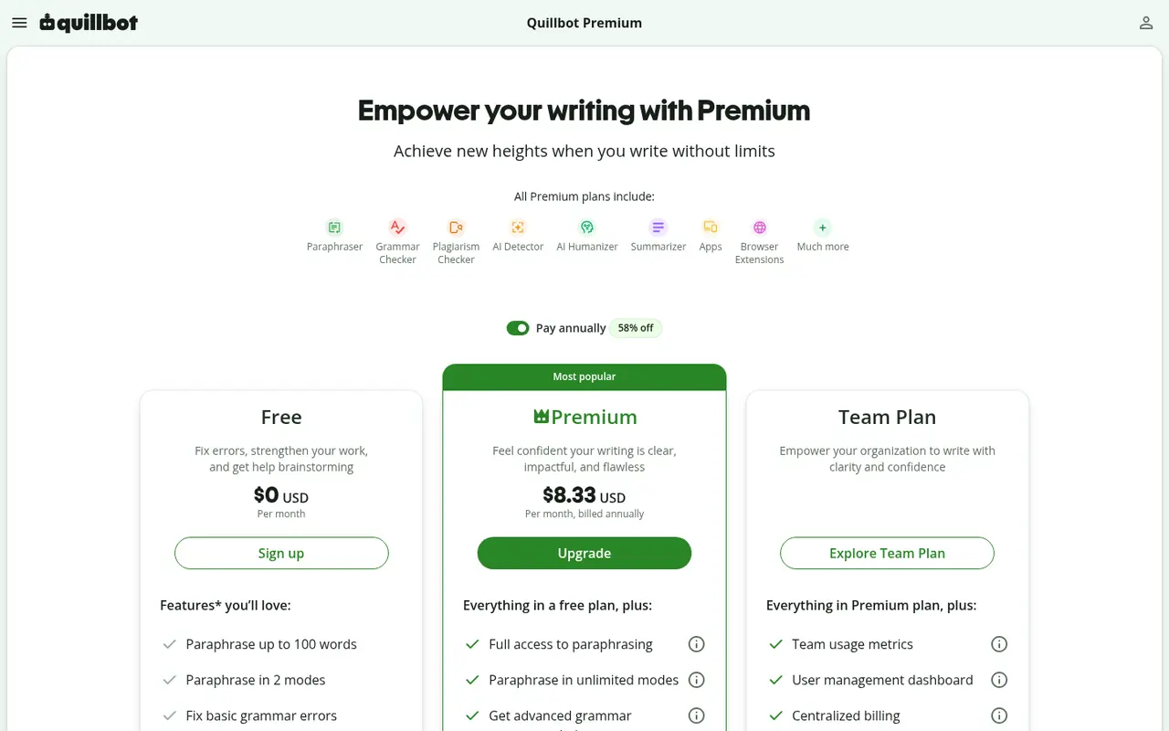 Screenshot of QuillBot's public pricing page