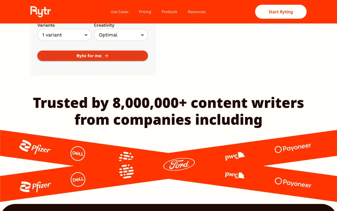 Screenshot of Rytr's public home page, scrolled further down