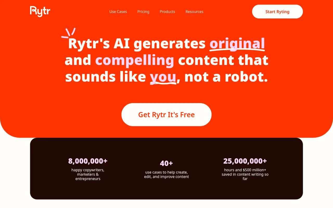 Screenshot of Rytr's public home page