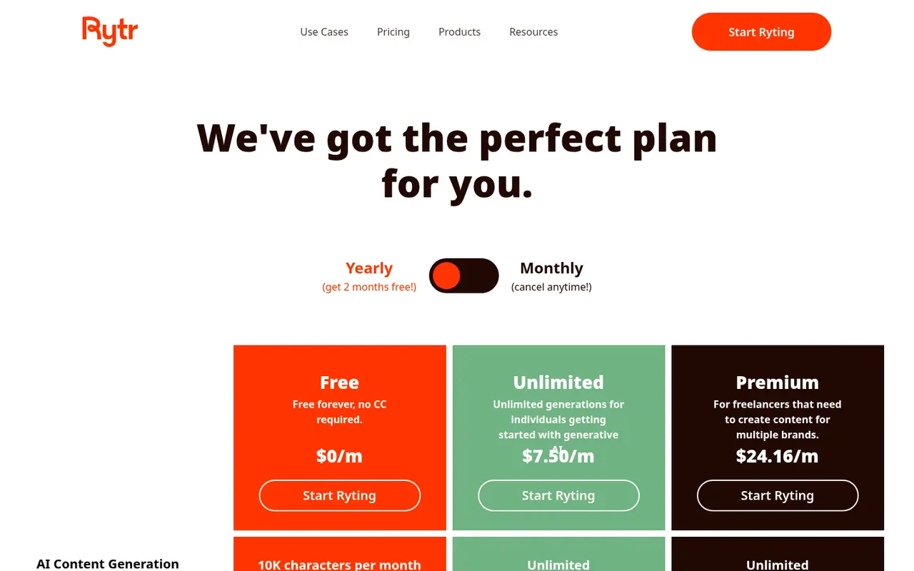 Screenshot of Rytr's public pricing page