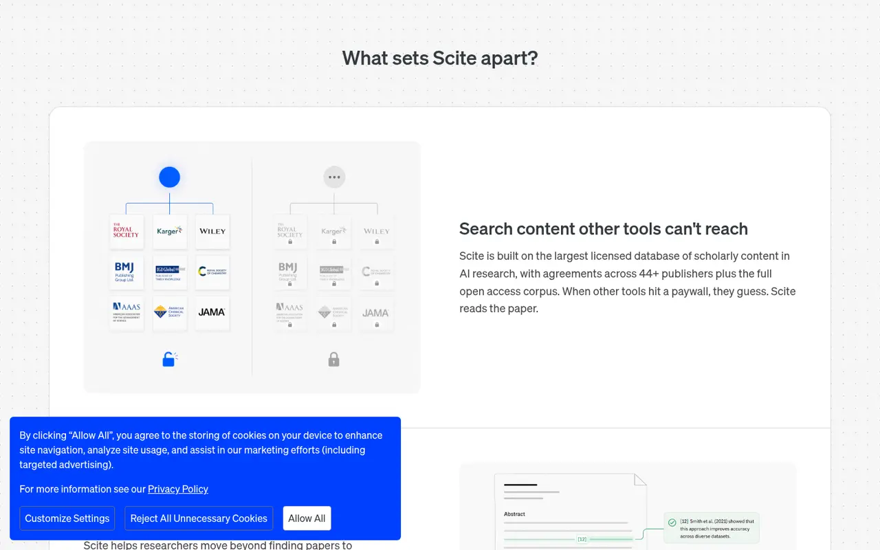 Screenshot of Scite's public home page, scrolled further down