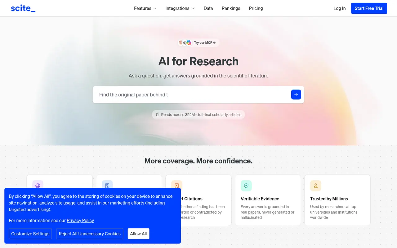 Screenshot of Scite's public home page