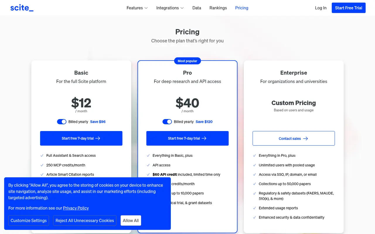 Screenshot of Scite's public pricing page