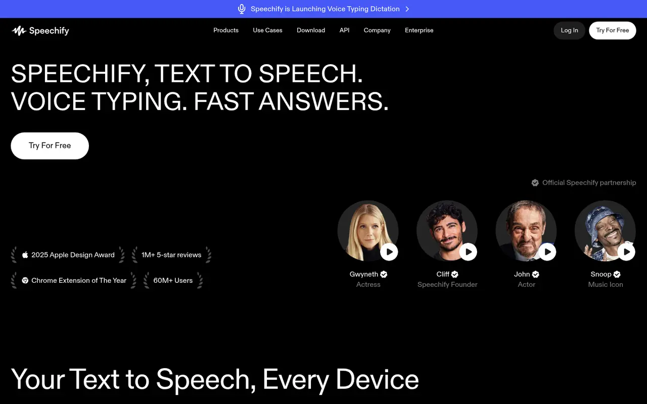 Screenshot of Speechify's public home page