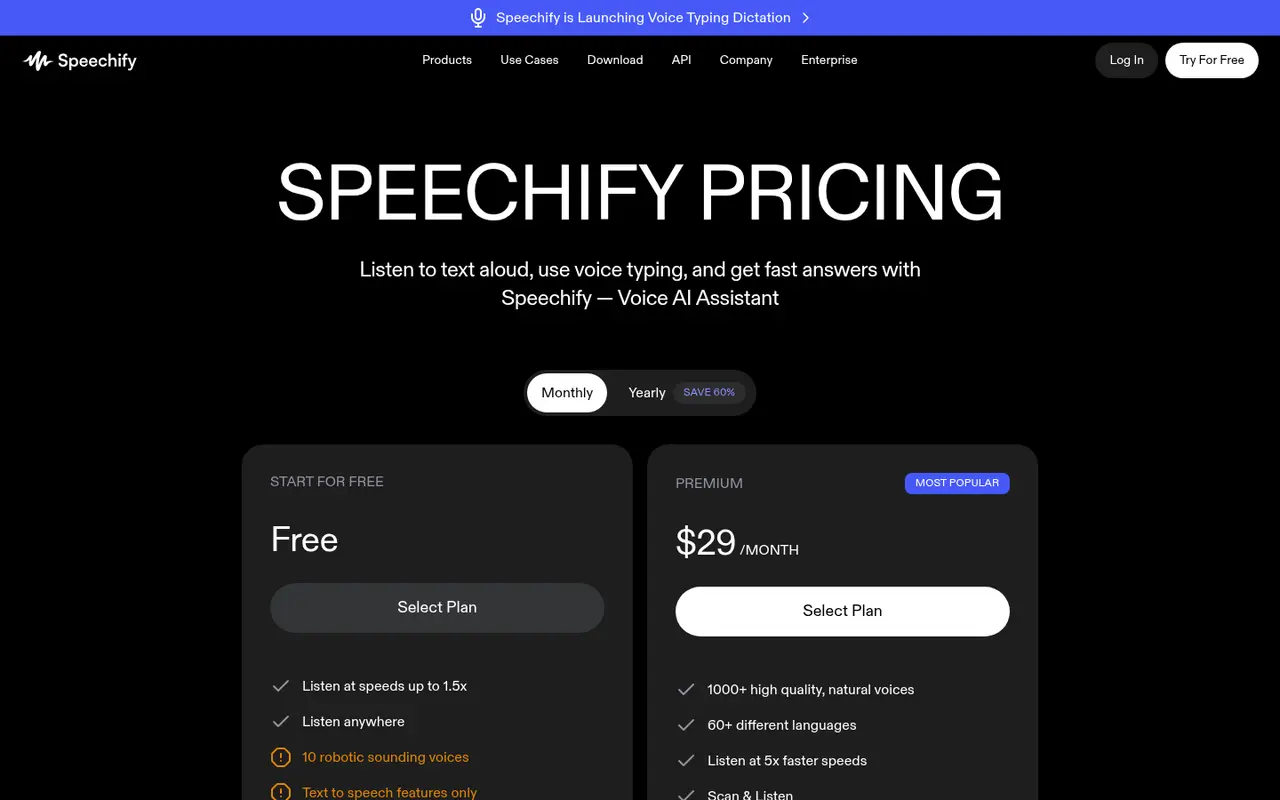 Screenshot of Speechify's public pricing page