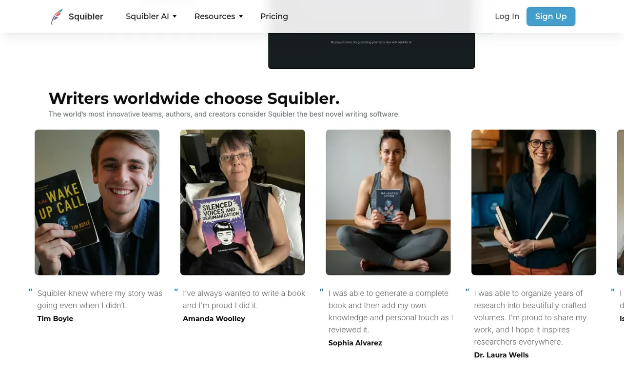 Screenshot of Squibler's public home page, scrolled further down