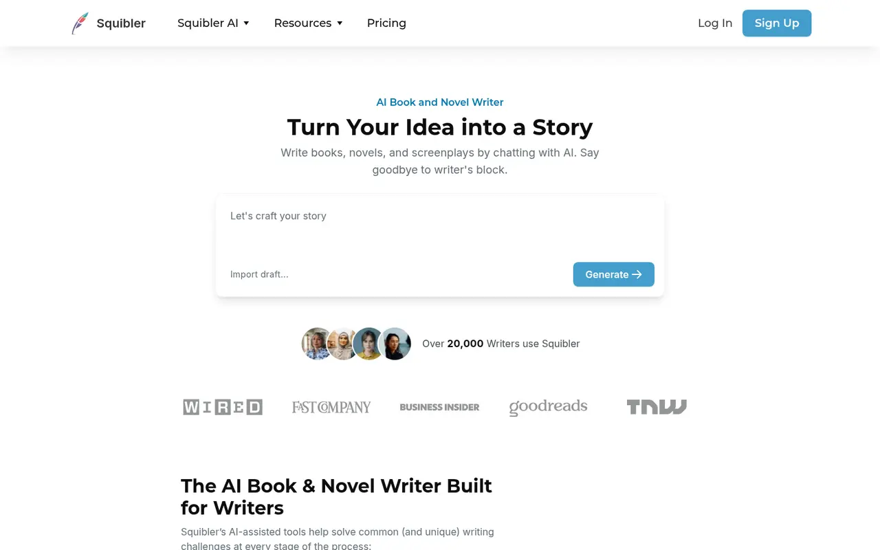 Screenshot of Squibler's public home page