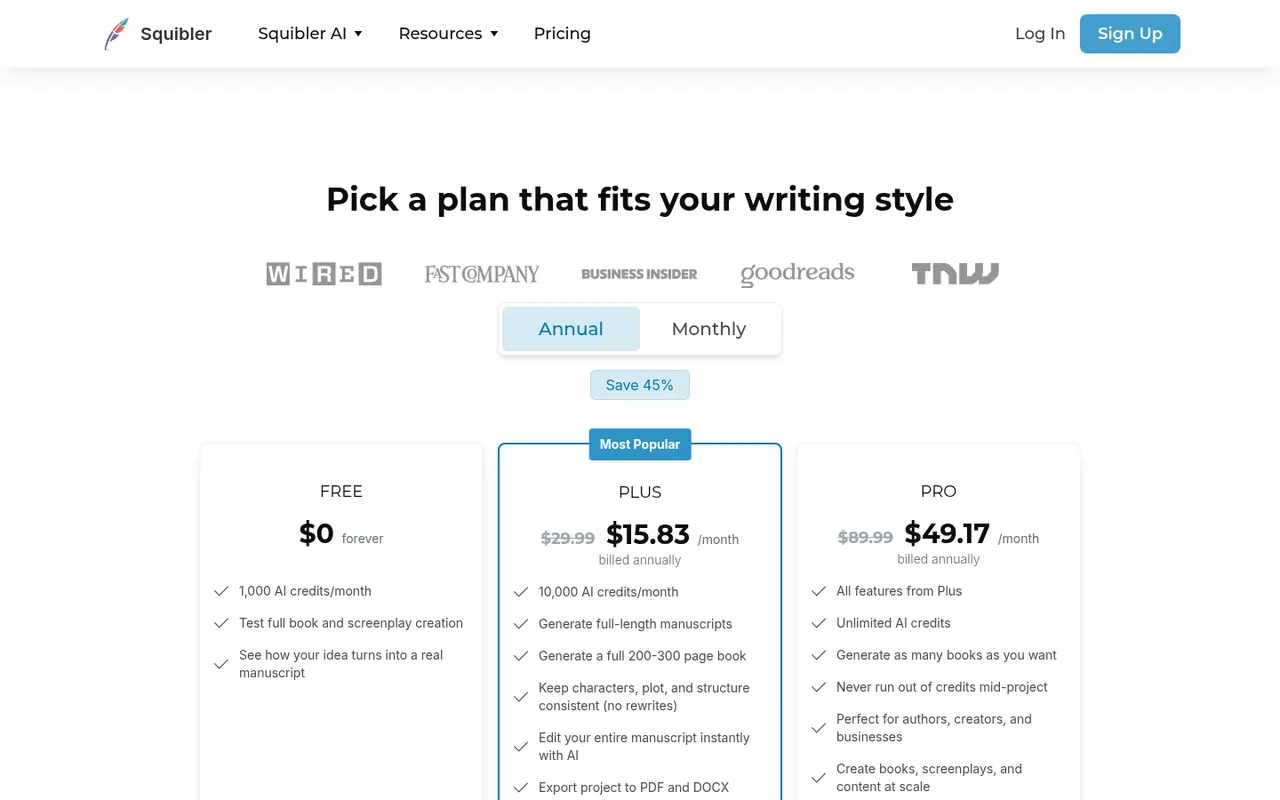 Screenshot of Squibler's public pricing page
