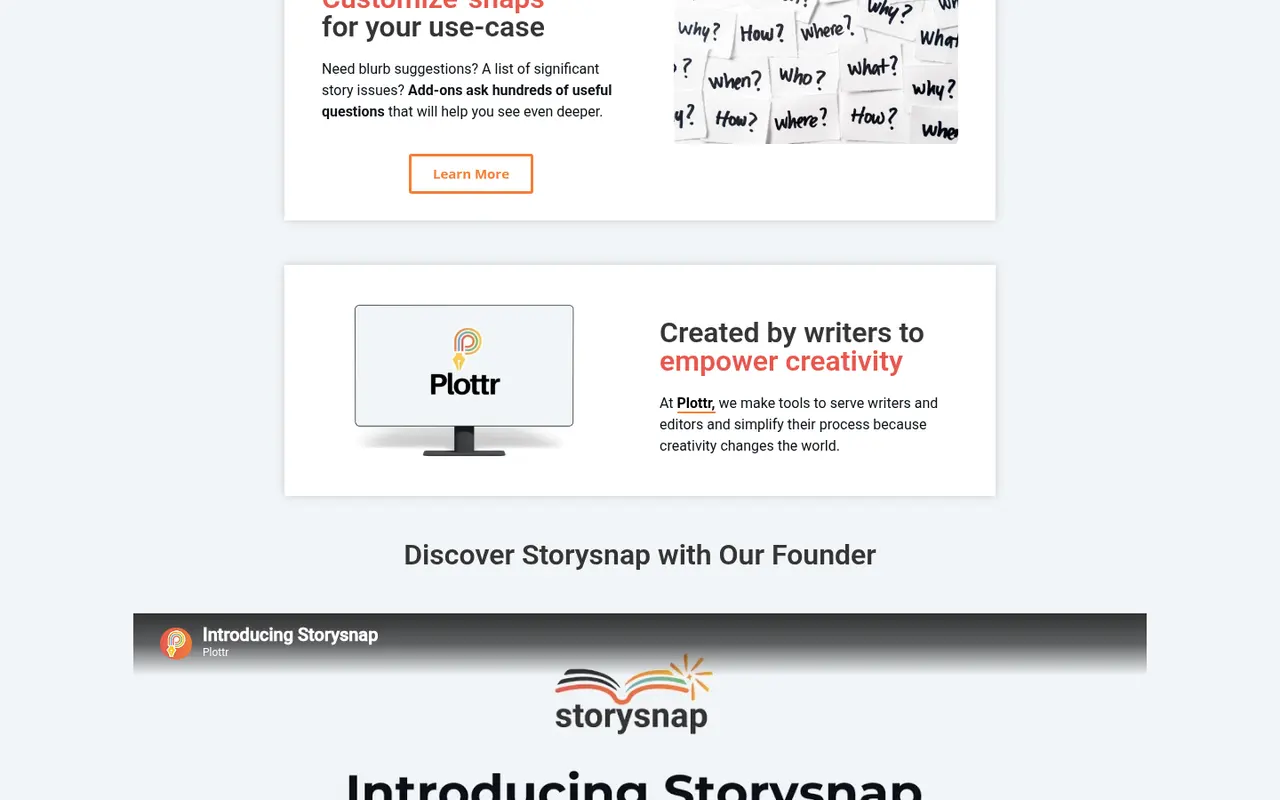Screenshot of Storysnap's public home page, scrolled further down