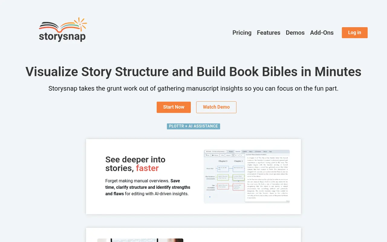 Screenshot of Storysnap's public home page
