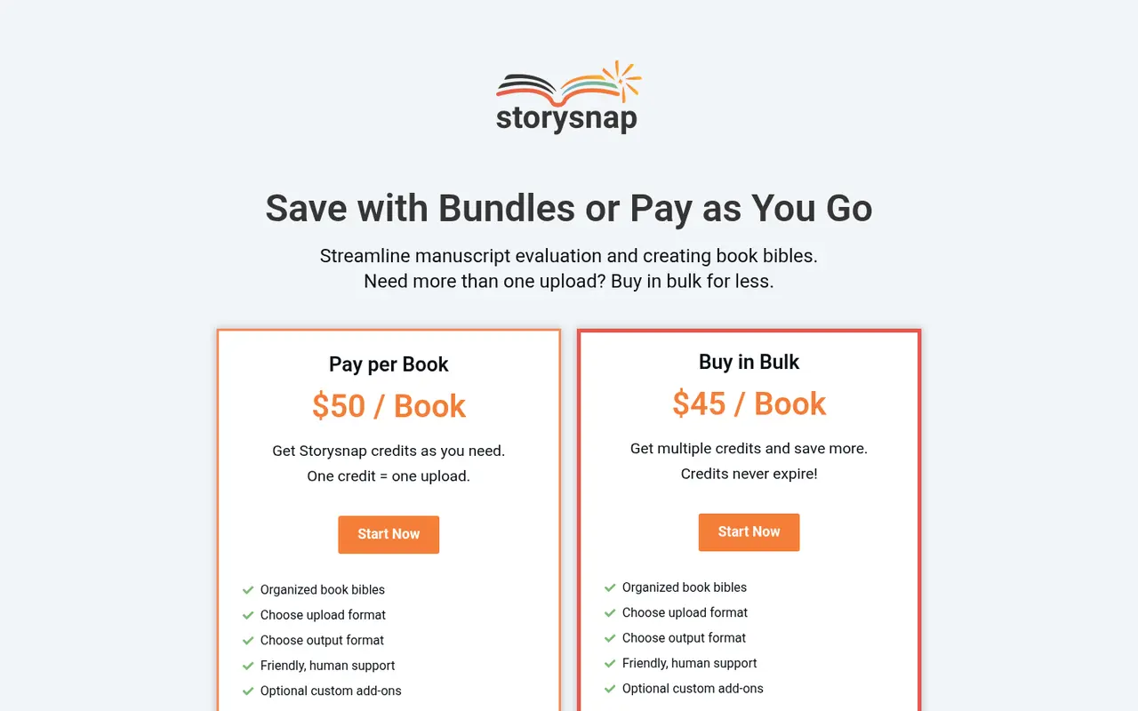 Screenshot of Storysnap's public pricing page